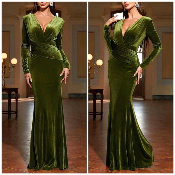 NEW Luxe Velvet Plunge Long Sleeve Mermaid Maxi Gown Dress Olive Green - Picture 1 of 9